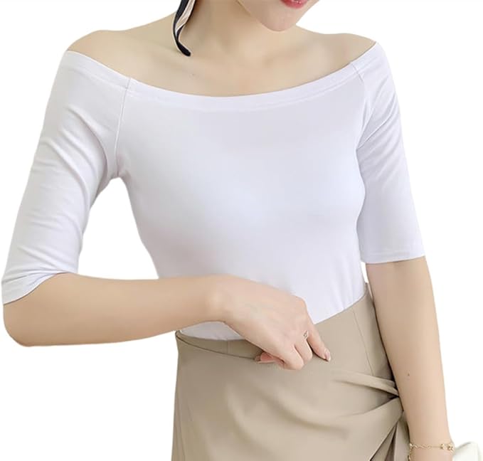 オフザショルダーTシャツ スリークォーター袖 女性用オフザショルダー セクシーなクルーネックシャツ トップスリム 無地色 内着 シンプルカジュアルストレッチ 春、夏、秋