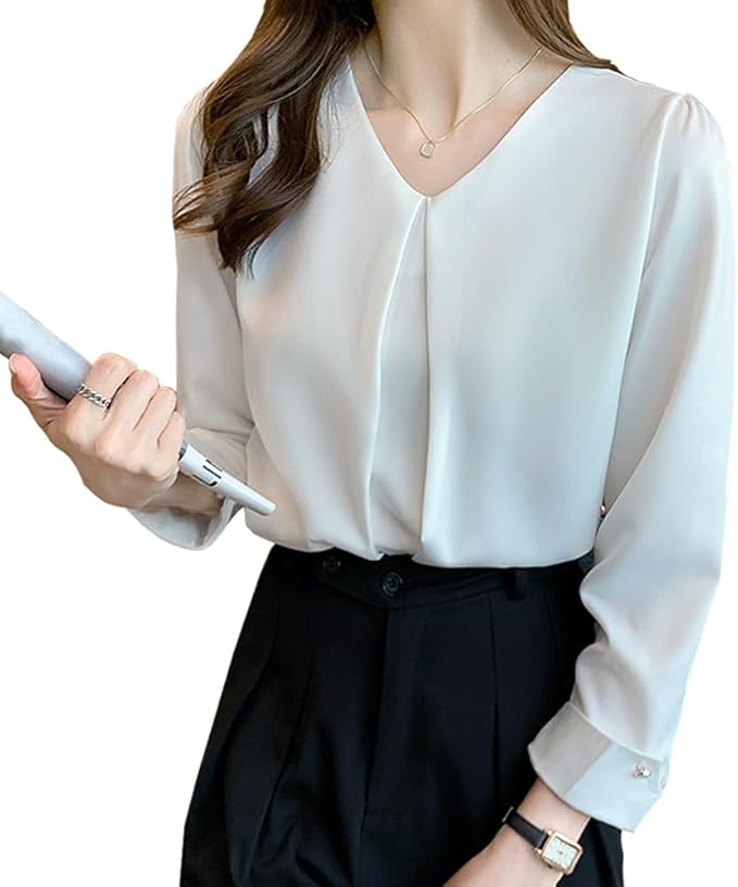 [Xiaoyu] ブラウス レディース 長袖 シフォン シャツ Vネック オフィス カジュアル トップス タック 体型カバー 可愛い